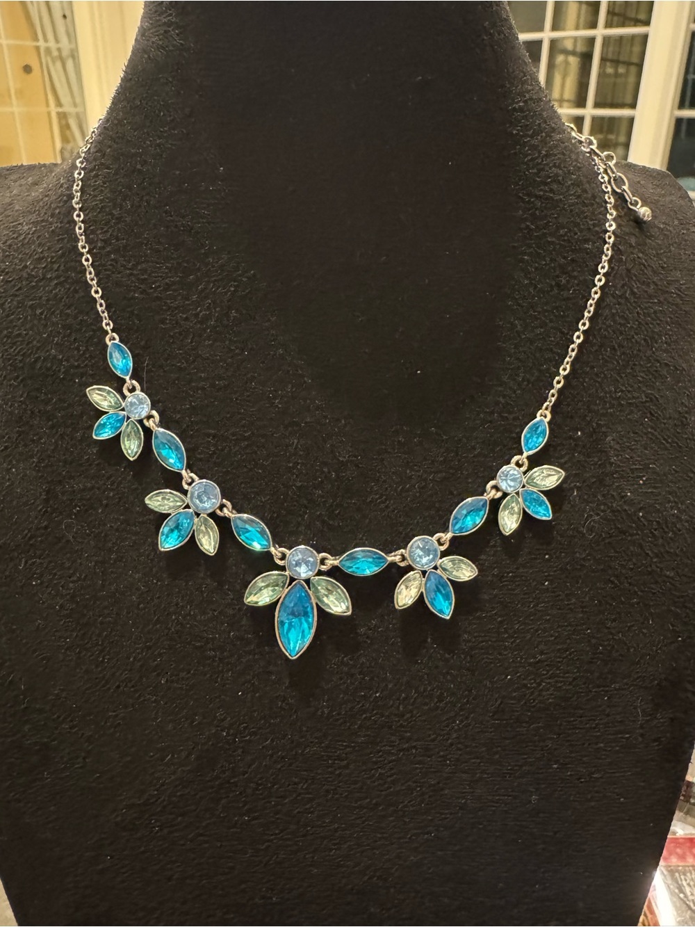 Blue Green Rhinestone Floral Statement Necklace Silver Tone Adjustable